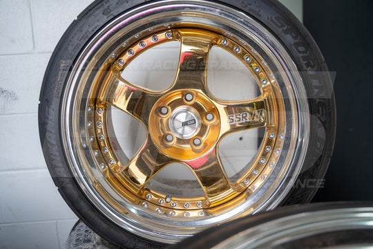Genuine SSR Professor SP1 18×10.5J +12 Gold 3-Piece Alloy Wheels with Polished Lips & Nankang Tyres – Set of 4